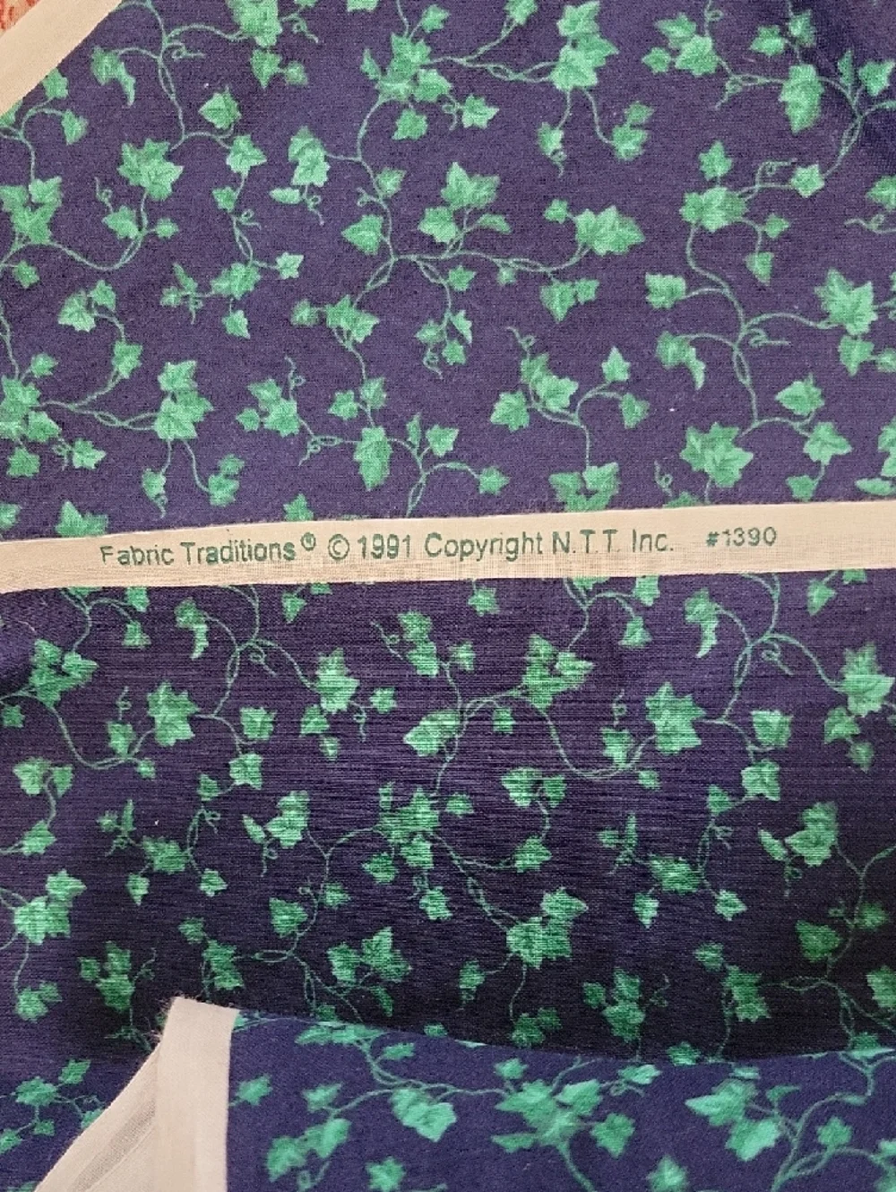 NWT Navy Cotton Calico Fabric with Green Ivy Print, 3 1/2 Yards
